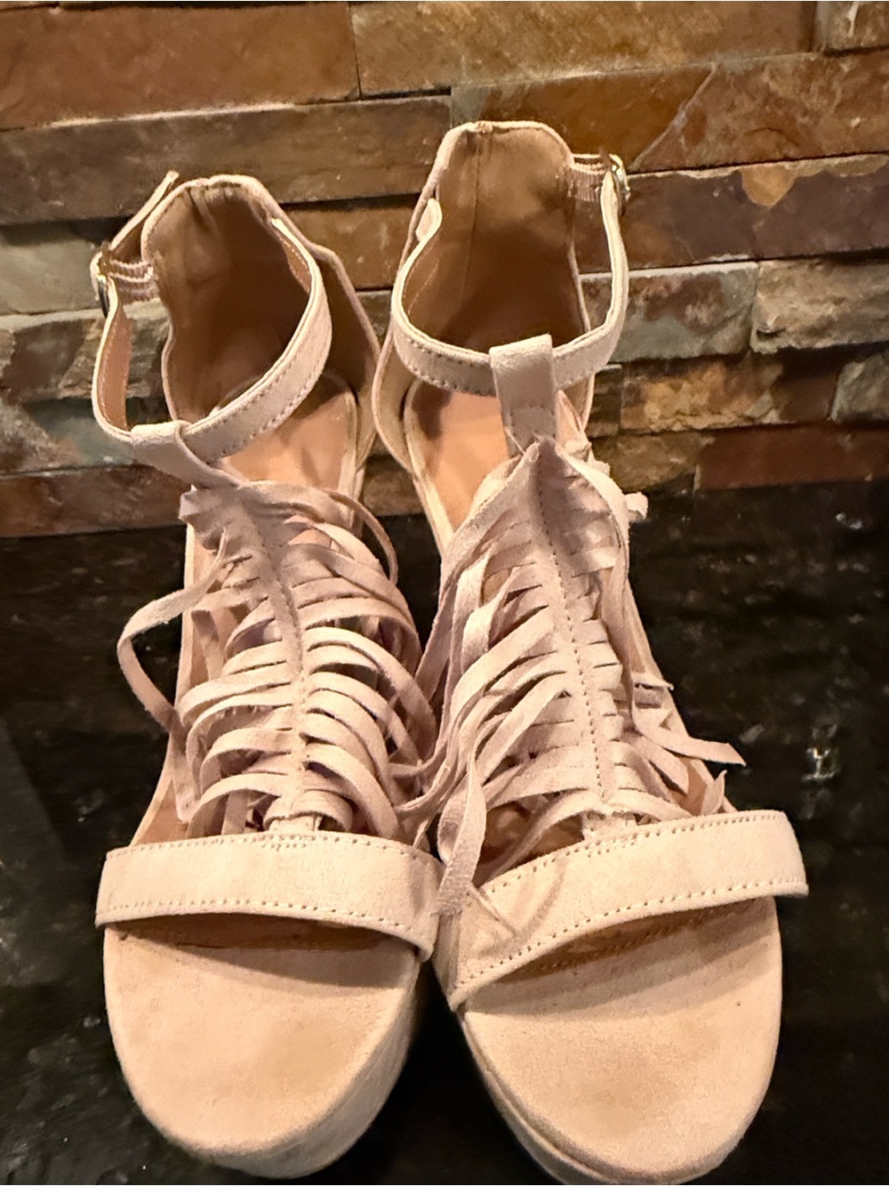 Charlotte Russe Blush Fringe Ankle-Strap Wedges